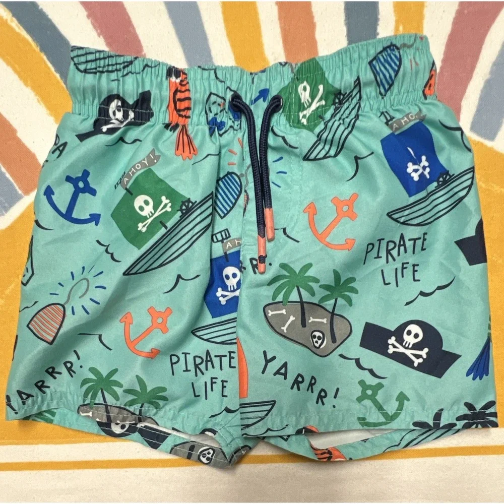 Cat & Jack Boys Swim TrunksPiratePrint Green Multicolor 2T Lined Drawstring 35.2